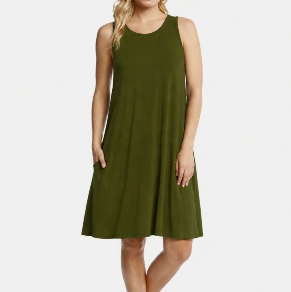 Karen Kane Chloe Swing Trapeze Stretch Jersey Dress Sz Lg Olive Green